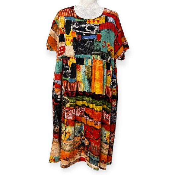 ELLA ZHU Women’s Abstract Art Print Dress Size L – Colorful Rayon Boho Summer - Picture 1 of 9